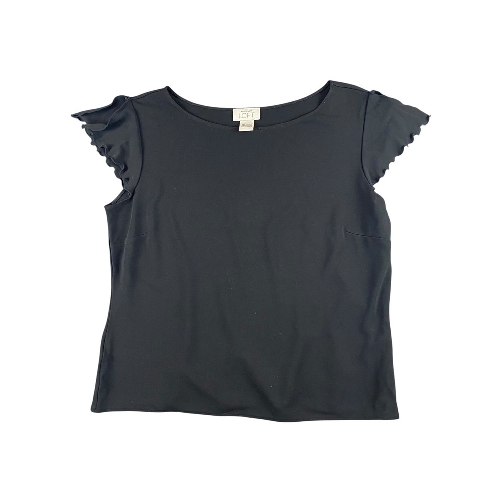 LOFT Black Ruffle Sleeve Cap Sleeve‎ Scoop Neck Top Women's Size L